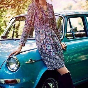 NWOT Maeve by Anthropologie Smocked Button Up ‘Tiled Amethyst’ Dress Size XS